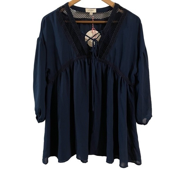 Umgee Tops - Umgee Women's Navy Lace Up Neckline Babydoll Top 3/4 Sleeve Size Medium